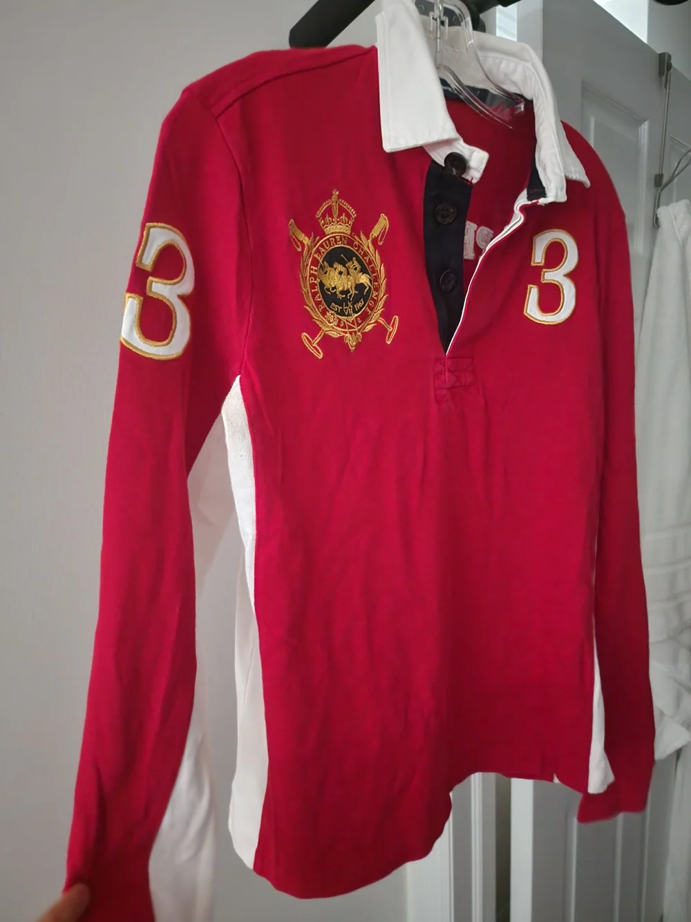 Ralph Lauren Red Long-Sleeve Rugby Polo with White Panels and Gold Crest